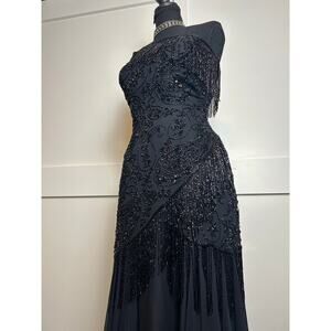 Black Tie Silk Beaded Fringe One Shoulder Maxi Dress Asymmetrical Bias Cut